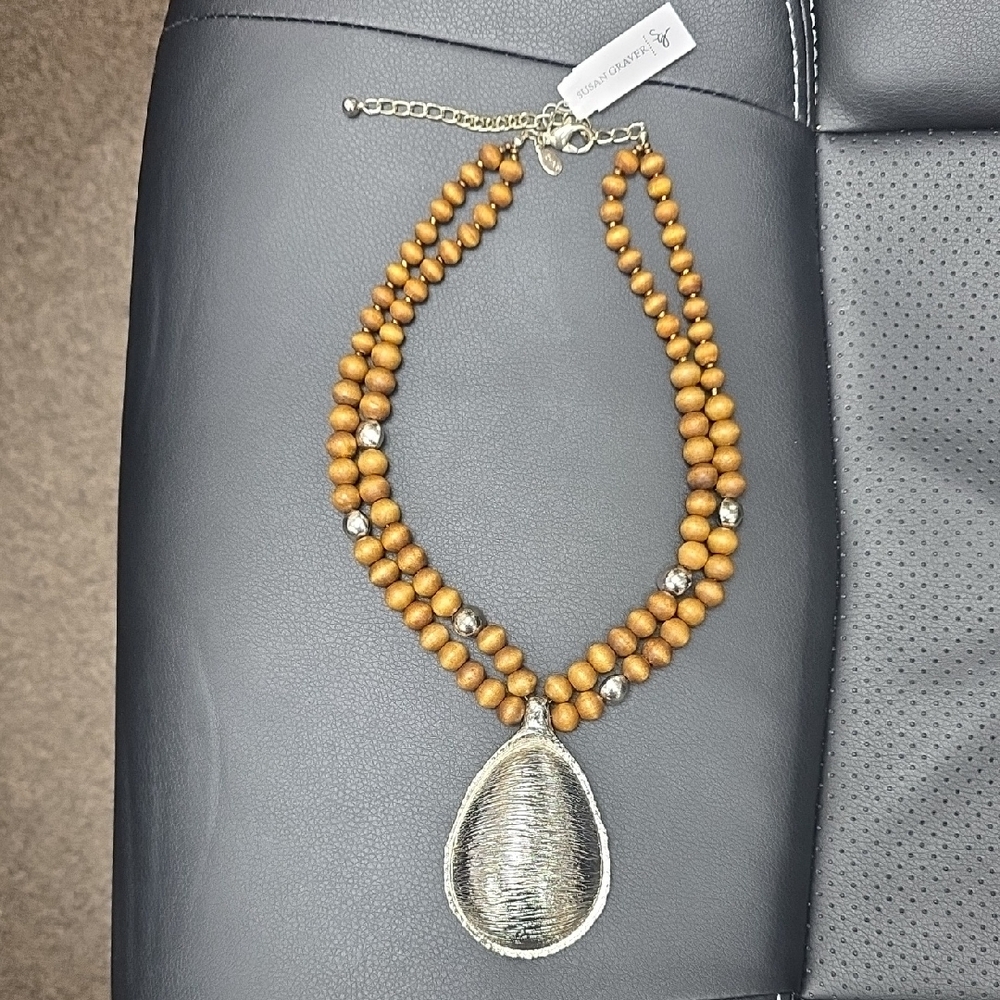 Susan Graver Tan Bead Necklace with Silver Pendant